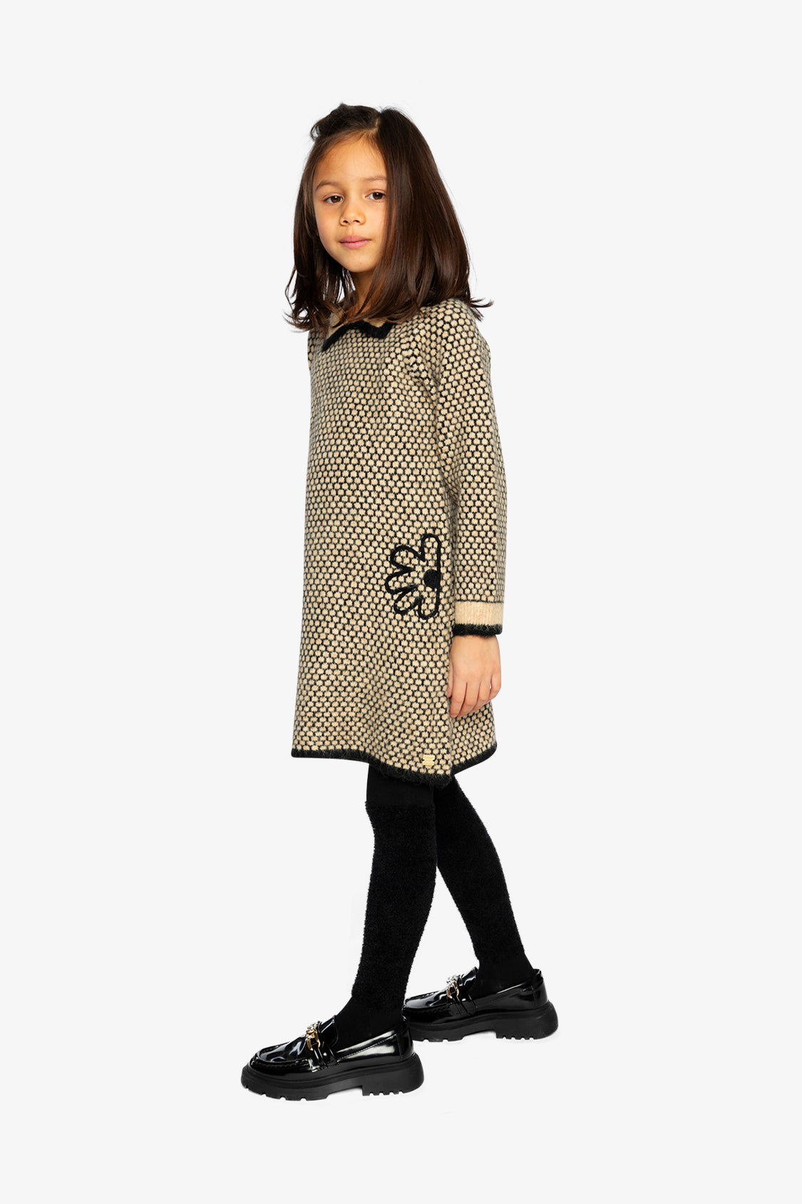 Knit Dress With Collar Beige And Black - Image 3