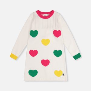 Knitted Dress With Heart Jacquard Off-White, Green And Pink - Image 7