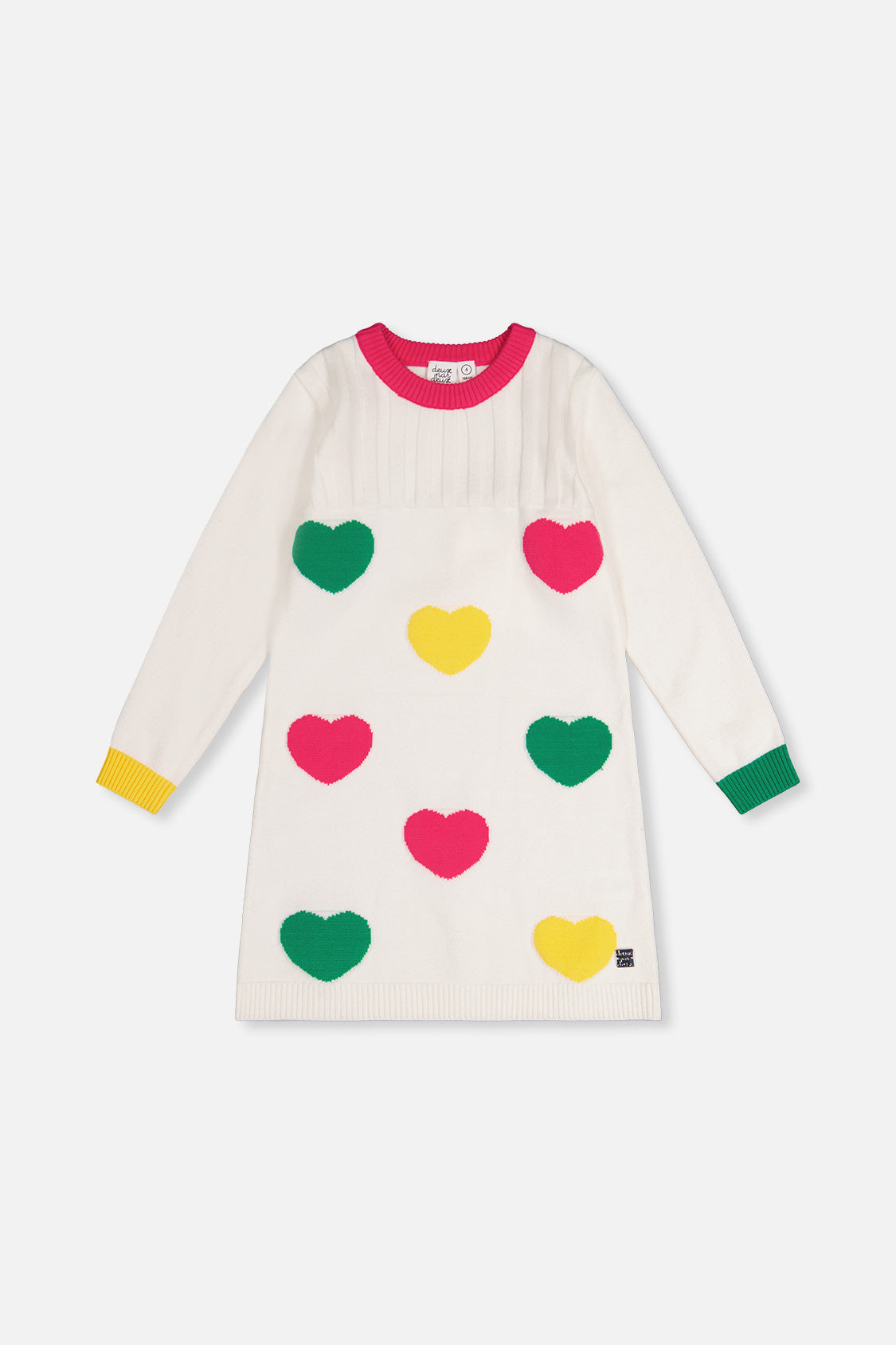 Knitted Dress With Heart Jacquard Off-White, Green And Pink - Image 8