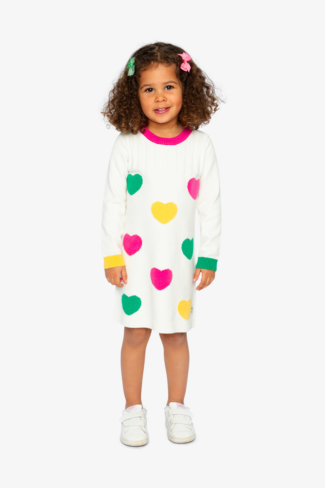 Knitted Dress With Heart Jacquard Off-White, Green And Pink - Image 2