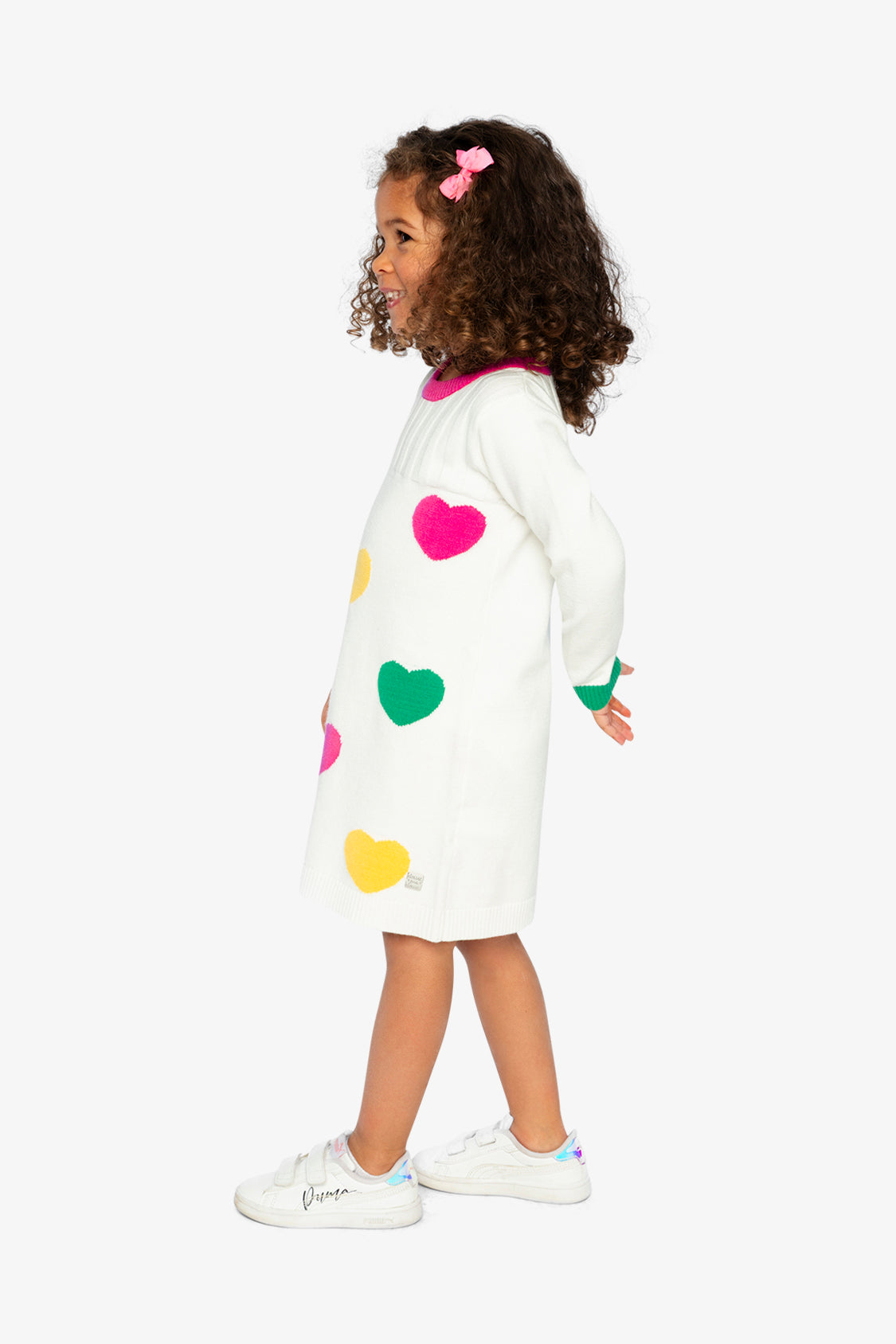 Knitted Dress With Heart Jacquard Off-White, Green And Pink - Image 4
