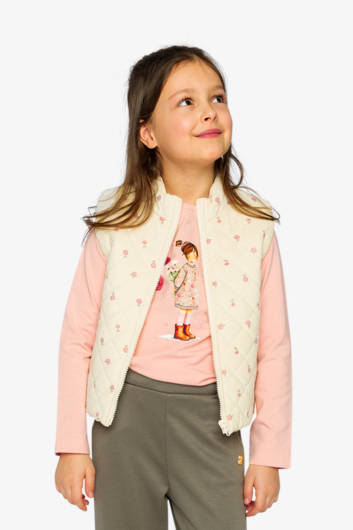 Corduroy Puffy Vest Beige Floral Print - Image 3