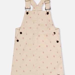 Corduroy Overall Dress Beige Floral Print
