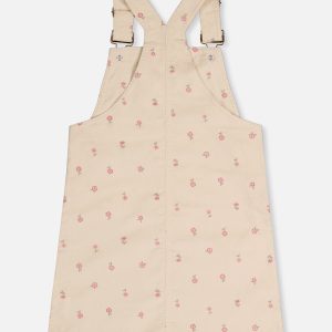 Corduroy Overall Dress Beige Floral Print - Image 5