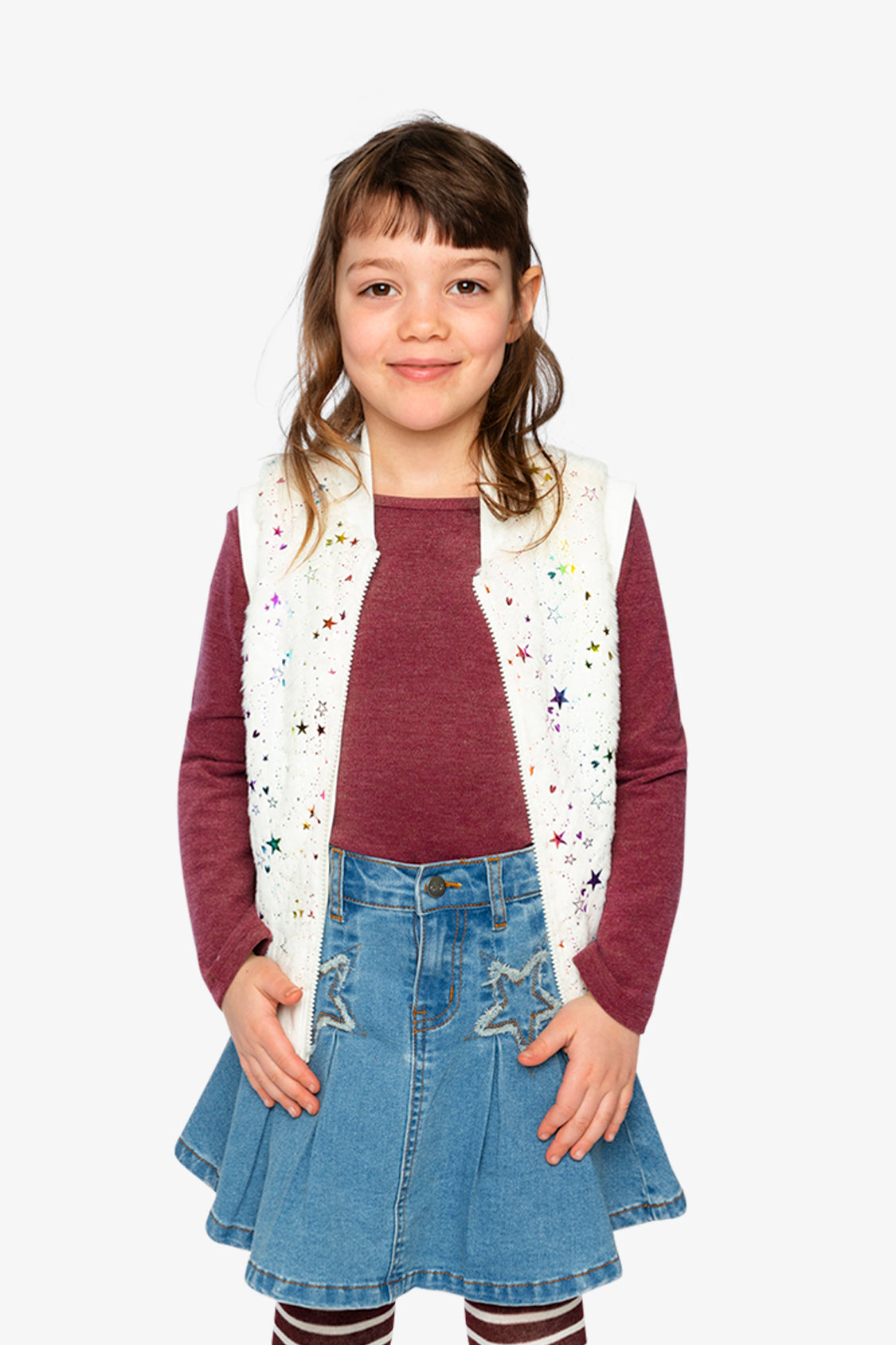 Faux Fur Sleeveless Vest Multicolored Star - Image 2