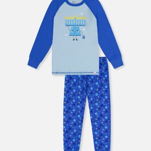 Organic Cotton Two Piece Pajama Set Blue Hanukkah Print - Image 6