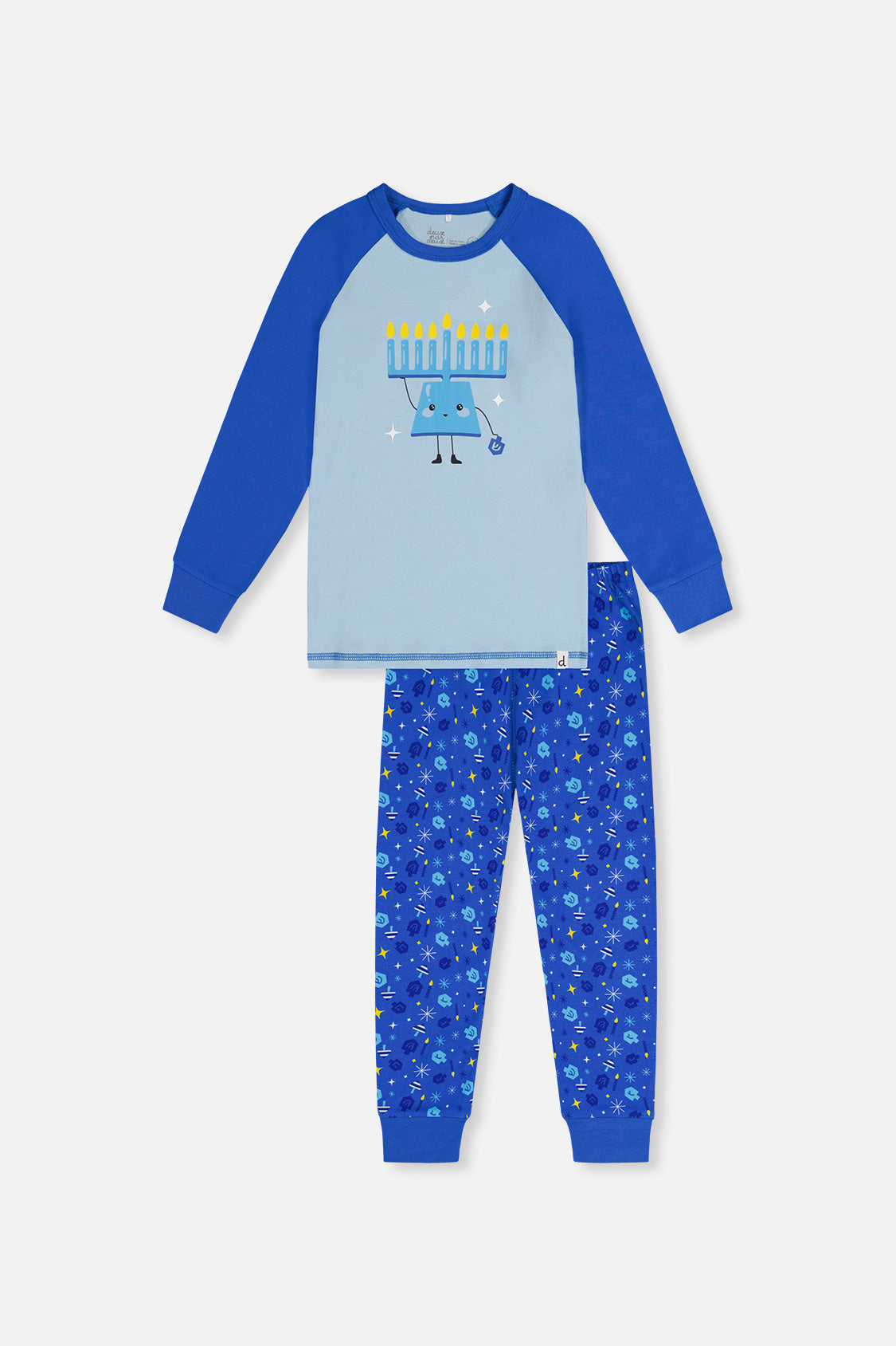 Organic Cotton Two Piece Pajama Set Blue Hanukkah Print - Image 7