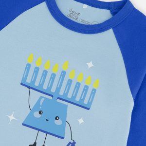 Organic Cotton Two Piece Pajama Set Blue Hanukkah Print - Image 3
