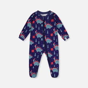 Baby Organic Cotton One Piece Pajama Blue Dinosaur Print