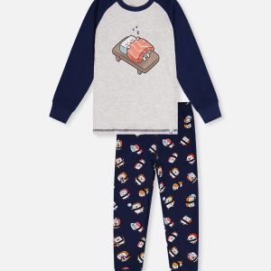 Organic Cotton Two Piece Pajama Set Blue Sushi Print - Image 13