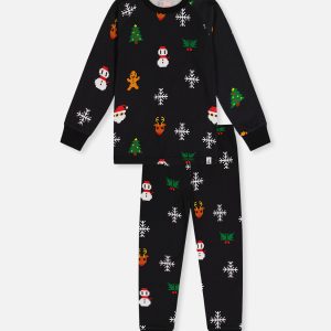 Organic Cotton Two Piece Pajama Set Black Christmas Pixel Print - Image 10