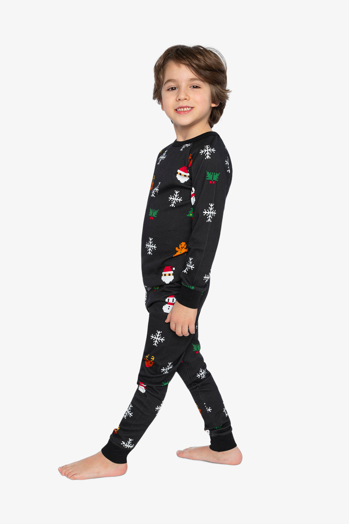 Organic Cotton Two Piece Pajama Set Black Christmas Pixel Print - Image 3