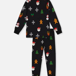 Organic Cotton Two Piece Pajama Set Black Christmas Pixel Print - Image 5