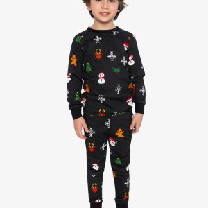 Organic Cotton Two Piece Pajama Set Black Christmas Pixel Print - Image 2