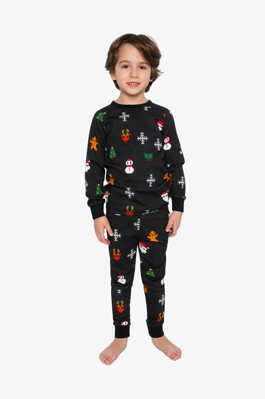 Organic Cotton Two Piece Pajama Set Black Christmas Pixel Print - Image 2