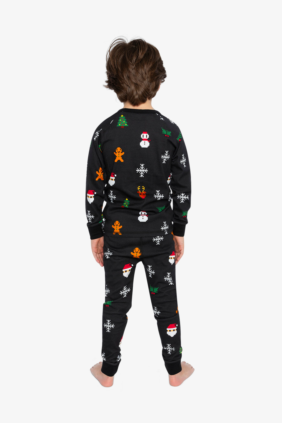 Organic Cotton Two Piece Pajama Set Black Christmas Pixel Print - Image 4