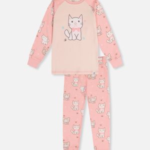 Organic Cotton Two Piece Pajama Set Pink Cat Print