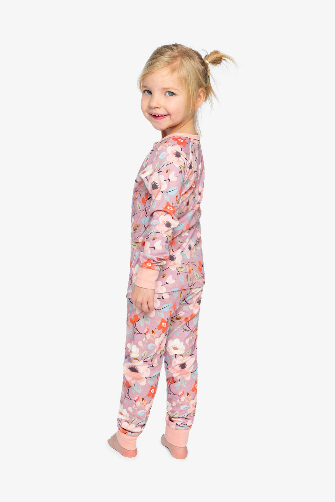 Organic Cotton Two Piece Pajama Set Pink Floral Print - Image 3
