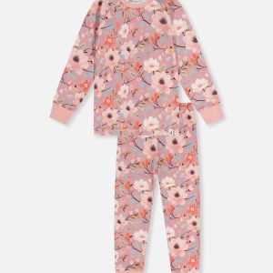 Organic Cotton Two Piece Pajama Set Pink Floral Print - Image 11