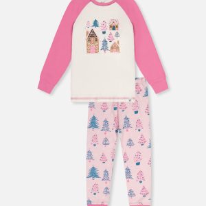 Organic Cotton Two Piece Pajama Set Pink Tree Print - Image 10