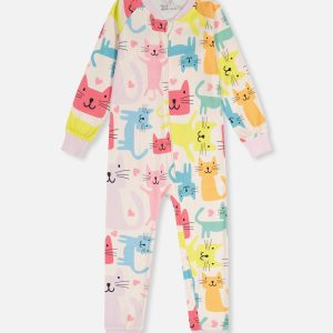 Organic Cotton One Piece Pajama White Cat Print - Image 7