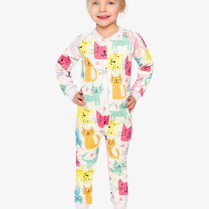 Organic Cotton One Piece Pajama White Cat Print - Image 2