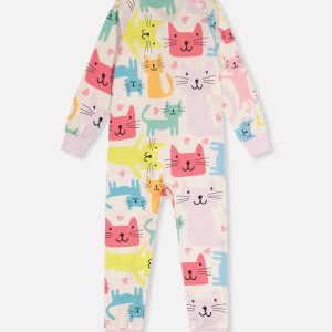 Organic Cotton One Piece Pajama White Cat Print - Image 5
