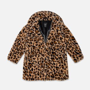 Faux Fur Long Coat Brown Leopard Print