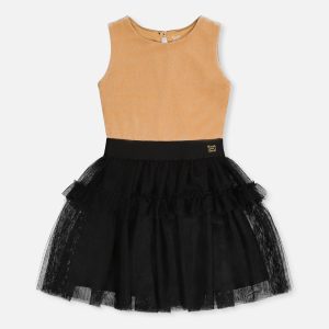 Bi-Material Sleeveless Dress Beige And Black