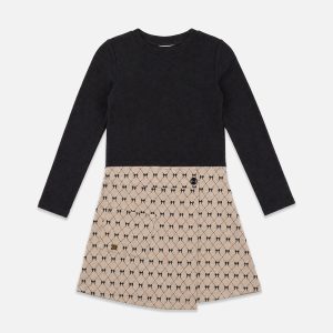 Bi-Material Dress Black And Beige Bow Tie Print