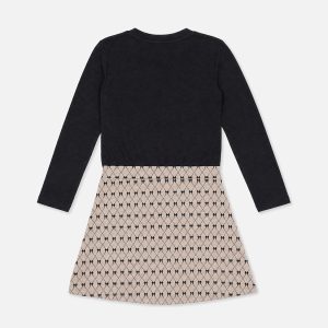 Bi-Material Dress Black And Beige Bow Tie Print - Image 2
