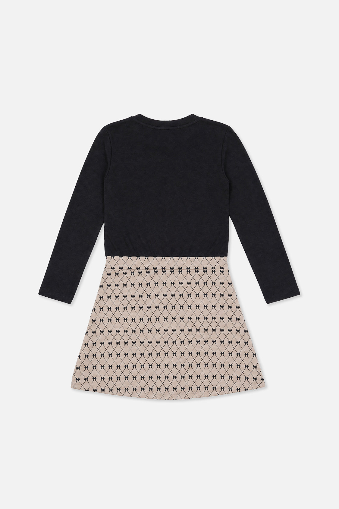 Bi-Material Dress Black And Beige Bow Tie Print - Image 2
