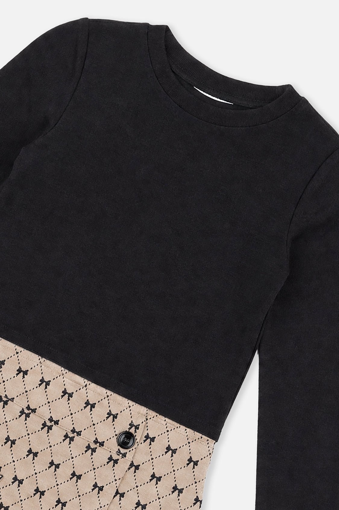 Bi-Material Dress Black And Beige Bow Tie Print - Image 3