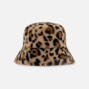 Faux Fur Bucket Hat Brown Leopard Print - Image 3