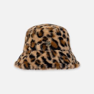 Faux Fur Bucket Hat Brown Leopard Print