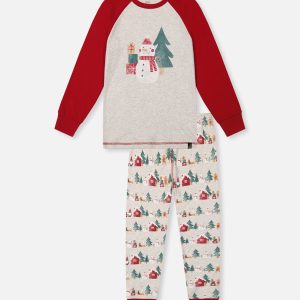 Organic Cotton Two Piece Christmas Pajama Set Beige Christmas Print - Image 7