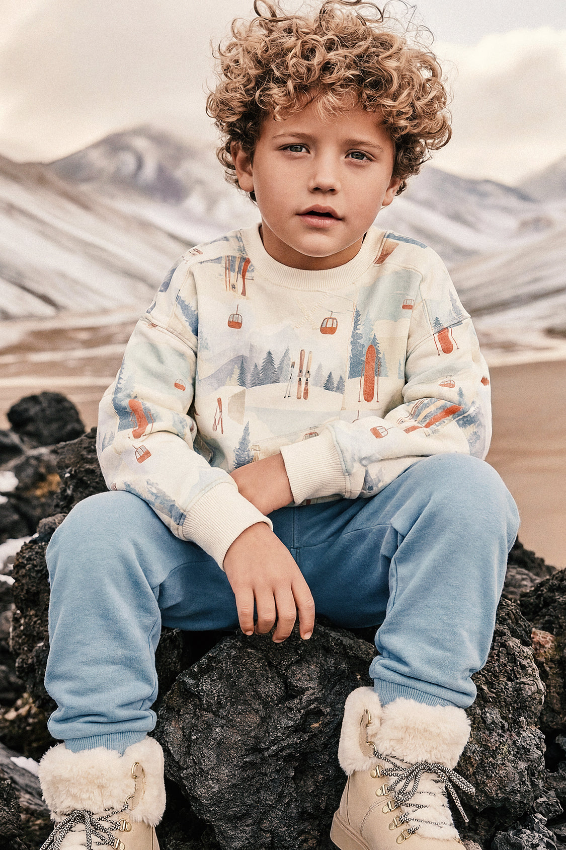 Fleece Sweatshirt Beige Ski Print - Image 2