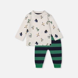 Baby Cotton T-Shirt & Fleece Pant Set Beige Dinosaur Print