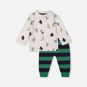 Cotton T-Shirt & Fleece Pant Set Beige Dinosaur Print