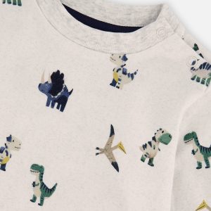 Baby Cotton T-Shirt & Fleece Pant Set Beige Dinosaur Print - Image 3