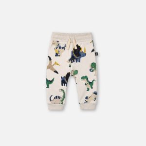 Baby Fleece Sweatpants Beige Dinosaur Print
