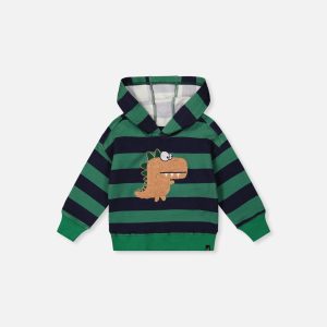 Baby Fleece Hoodie With Appliqué Blue Striped Green