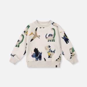 Fleece Sweatshirt Beige Dinosaur Print
