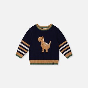 Baby Knit Sweater With Intarsia Dark Blue, Brown And Beige
