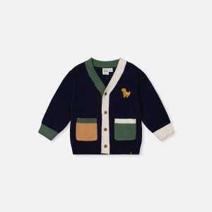 Baby Knit Cardigan With Dino Dark Blue, Green And Yellow