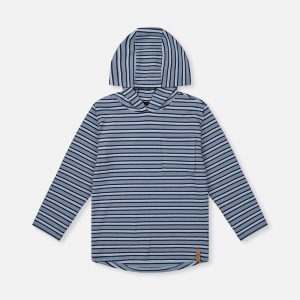 Striped Brushed Jersey Hooded T-Shirt Blue And White - Image 12