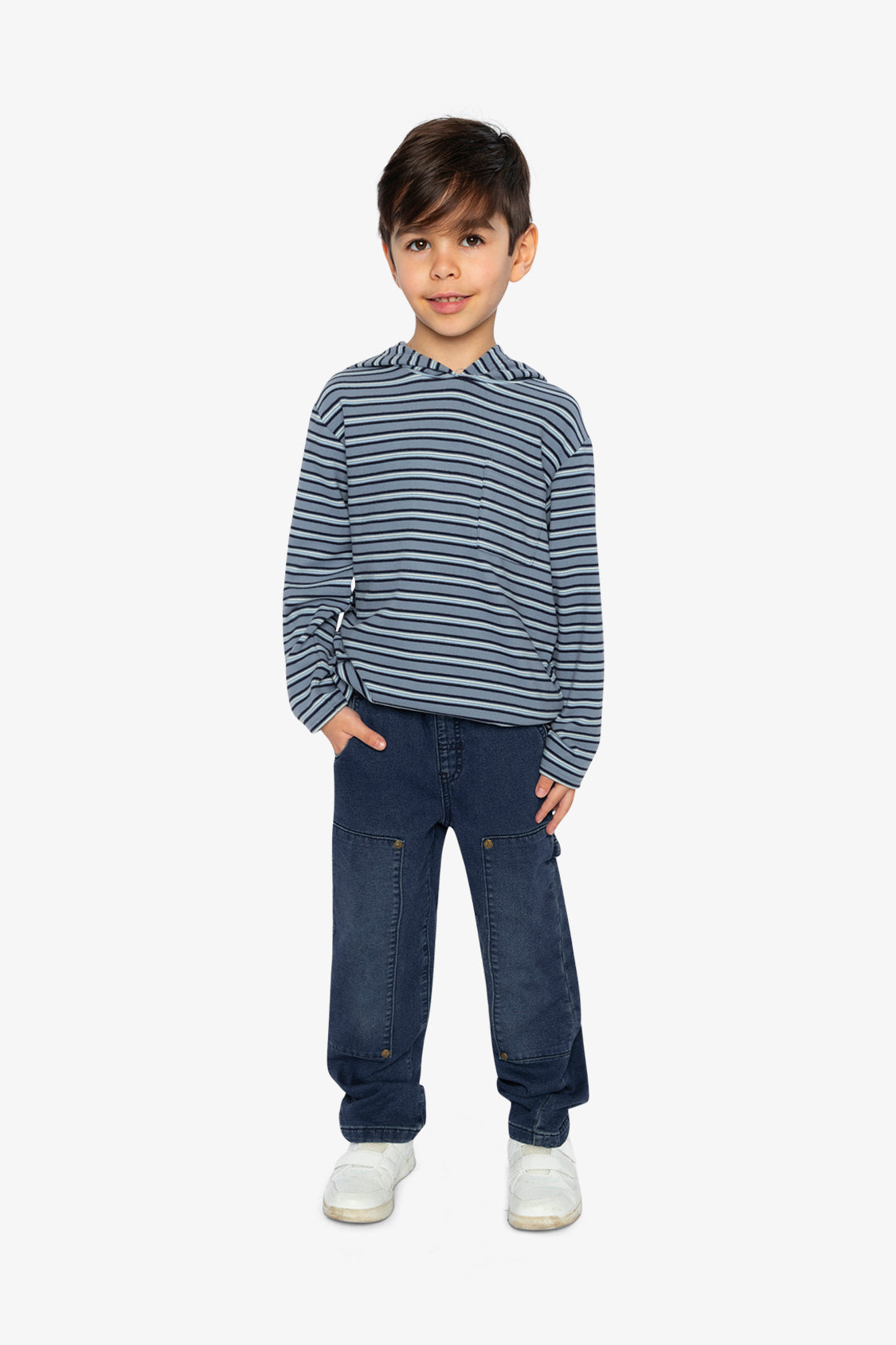 Striped Brushed Jersey Hooded T-Shirt Blue And White - Image 4
