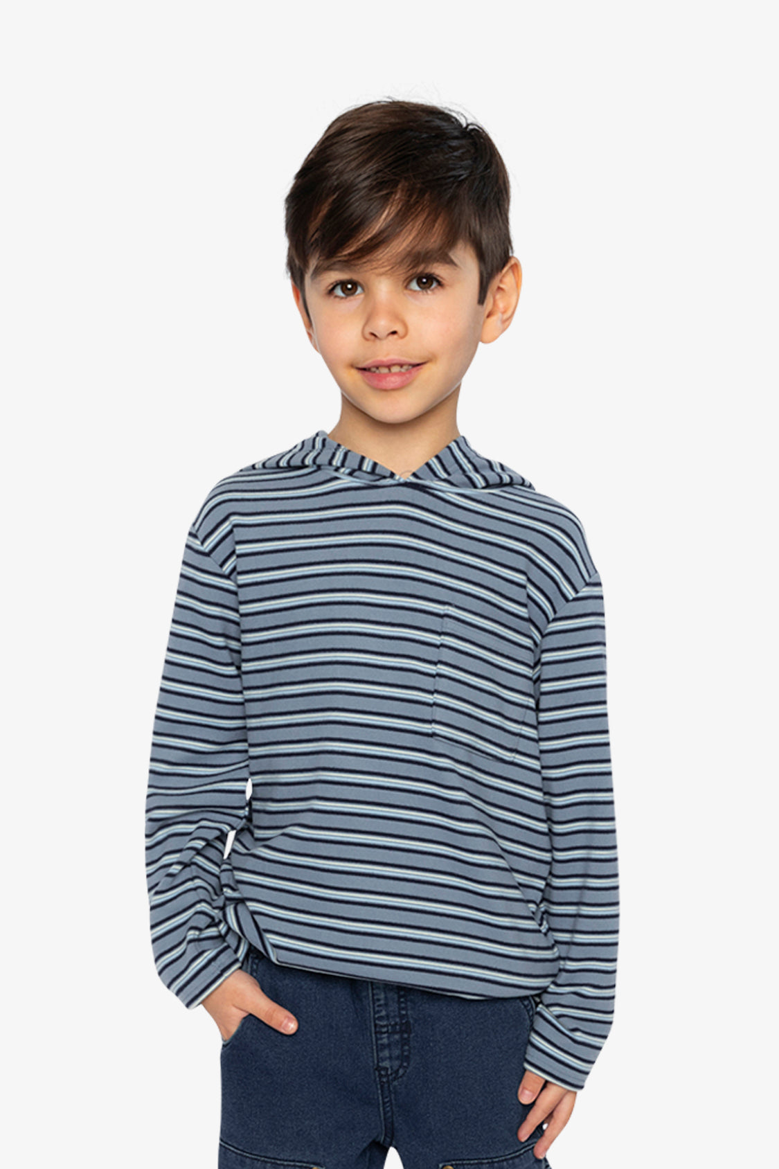 Striped Brushed Jersey Hooded T-Shirt Blue And White - Image 2