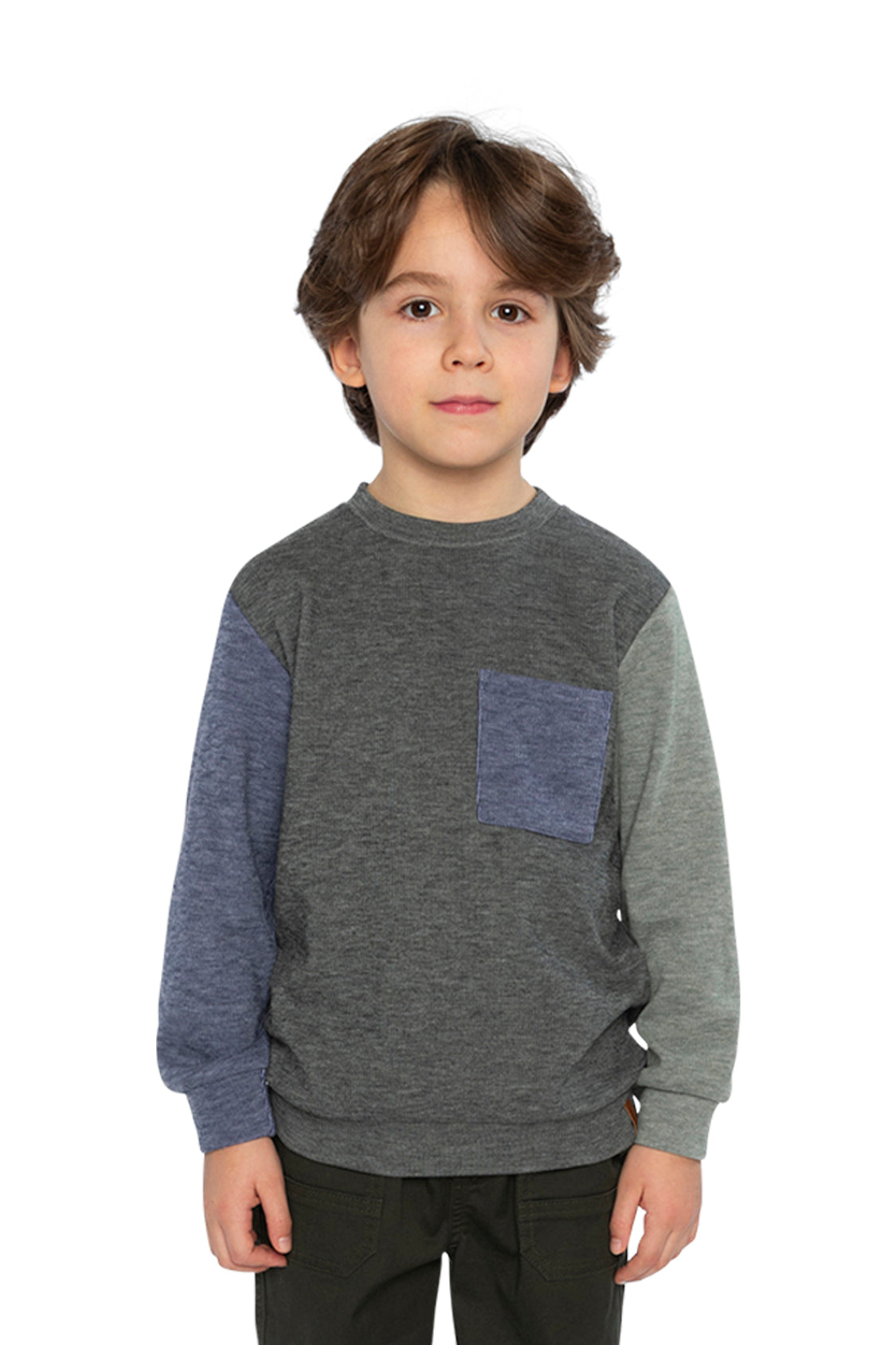 Colorblock Brushed Jersey Top With Chest Pocket Grey Brown - Image 2