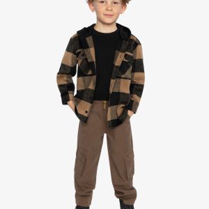 Flannel Shirt With Fleece Hood Brown And Black Plaid - Image 5